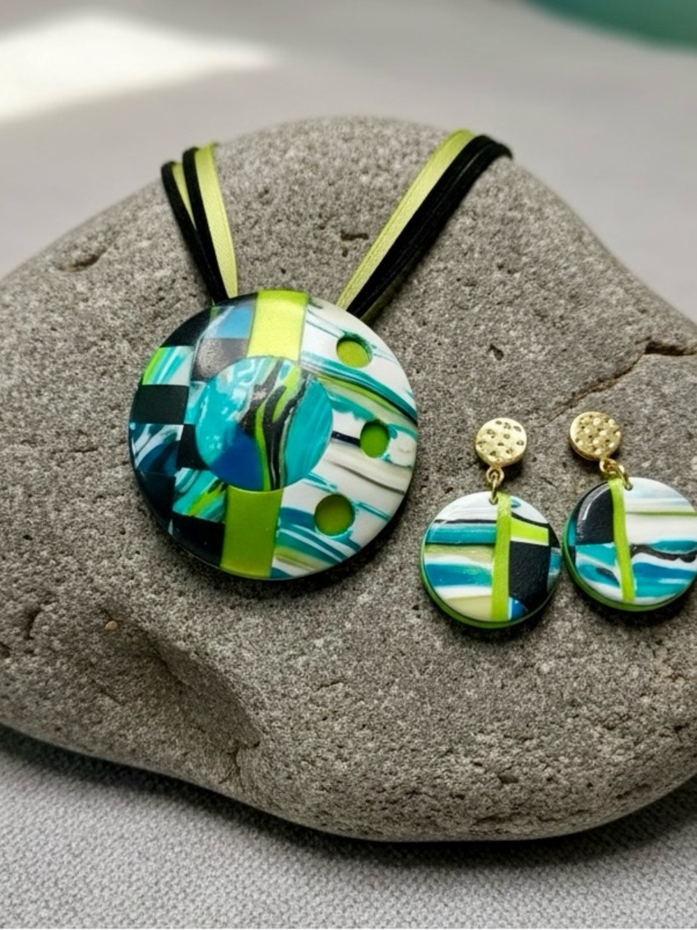 Handmade Blue & Green Pattern Large Polymer Clay Pendant Necklace & Earring Set